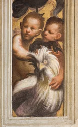 Parte superiore di Lesena sopra il capitello primo e secondo arco sud, IL Pordenone, Puttini (dettaglio)