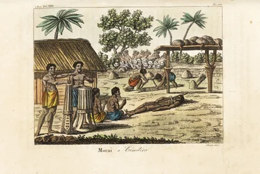 Sacrificio umano in un marae sacro (Morai) o cimitero, Tahiti. Tamburini a sinistra, una vittima legata e due scavatori che scavano una tomba davanti a un mucchio di teschi umani e faretre di frecce. Incisione a mano colorata su rame di Sasso dopo John Web