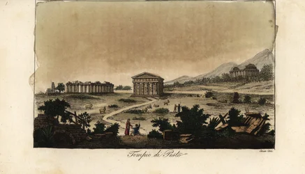 Vista dei templi greci antichi di Hera a Paestum, Italia