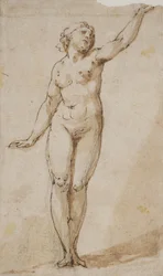 Donna nuda in piedi che alza il braccio sinistro