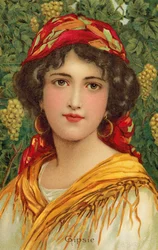 Ritratto di una donna zingara con una vite di uva