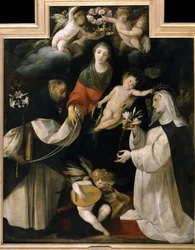 Madonna del Rosario (La Madonna del Rosario). Una corona di rose è posta sulla testa della Vergine mentre due santi le porgono gigli bianchi, rosari e cuori che simboleggiano la fede. Dipinto di Giovan (Giovanni) Battista Crespi noto come Il Cerano