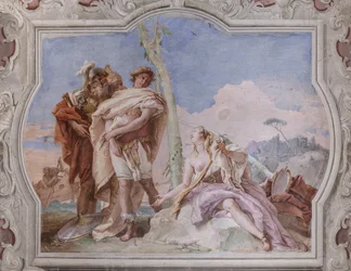 Palazzina: vista della quarta stanza o di Torquato Tasso, con affreschi che rappresentano episodi di "Gerusalemme liberata": "Rinaldo, scortato da Ubaldo e Carlo, abbandona Armida"