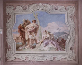 Palazzina: vista della quarta stanza o di Torquato Tasso, con affreschi che rappresentano episodi di "Gerusalemme liberata": "Rinaldo, scortato da Ubaldo e Carlo, abbandona Armida"