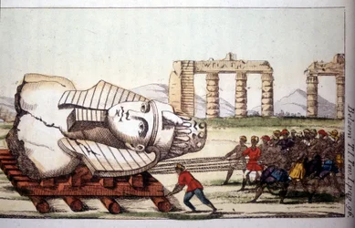 Trasporto del busto di Memnone sulle rive del Nilo da Belzoni. Giovanni Battista (Gianbattista) Belzoni (1778-1823), esploratore e archeologo italiano, ha fatto importanti scoperte archeologiche in Egitto. Incisione - in "Viaggio in Egitto e"