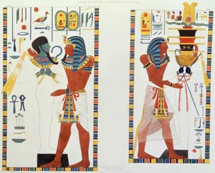 Due Murali dalle Tombe dei Re di Tebe, scoperti da G. Belzoni, tavola 5 da `Plates Illustrative of the Researches in Egypt and Nubia`, inciso da Charles Hullmandel (1789-1850) 1820-22