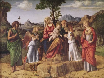 Sacra conversazione - La Sacra Famiglia circondata da angeli, santa Lucia e san Giovanni Battista, si ferma prima della fuga in Egitto, ca. 1490