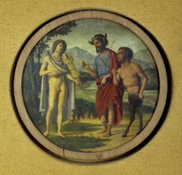 Copertura di strumento a tastiera con illustrazione raffigurante Apollo (con lira) e Marsia