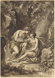 Angelica e Medoro (penna e inchiostro nero con lavaggio marrone e grigio su carta vergata; al verso, disegno di quattro cerchi concentrici che circondano una corona di alloro disegnato a penna e inchiostro nero e grafite)