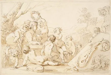 Putti che giocano incoronando una sfinge