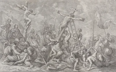 La crocifissione, con la deposizione della croce al centro, soldati ovunque e un ladro..., 1762