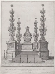 Catafalco per Papa Clemente X, struttura centrale in cima a una piattaforma di quindici gradini, 1676