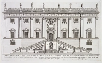 Veduta della facciata del Palazzo Senatorio in Piazza del Campidoglio, Roma, iniziata da Michelangelo Buonarroti (1475-1564) e completata da Girolamo Rainaldi (1570-1655)