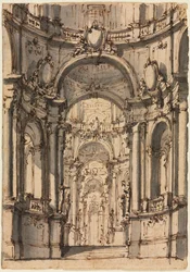 Progetto per un set scenico: Interno di un palazzo con arcate, metà del 1700