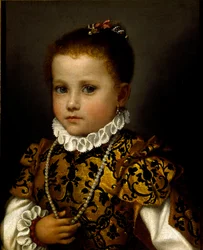 Ritratto di una bambina. Una bambina riccamente vestita in un abito di broccato, indossa una collana di perle e un colletto a gorgiera