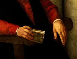 Presunto ritratto di Francois Rabelais (1494-1553), scrittore e medico francese. Dettaglio del libro che tiene in mano e del cavaliere che porta al dito. Dipinto di Giovanni Battista Moroni (1525-1578)