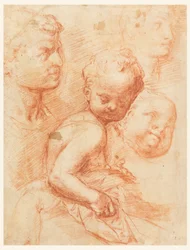 Disegno, Studio di teste di uomo, donna e bambino, bambino seduto, 1570 ca.