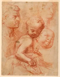 Disegno, Studio di teste di uomo, donna e bambino, bambino seduto, 1570 ca.