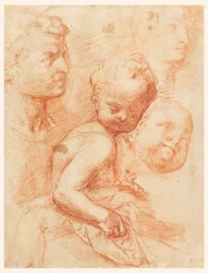 Studio di teste di uomo, donna e bambino, bambino seduto