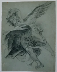 Un angelo volante recto, studi di mani che suonano strumenti verso