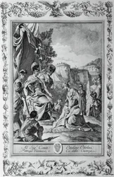 Armida davanti a Goffredo, incisione, di Giovanni Battista Piazzetta per il Canto III della Gerusalemme Liberata, di Torquato Tasso, pubblicato da Giovanni Battista Albrizzi, Venezia, Italia