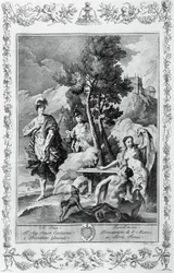 Carlo e Ubaldo nelle Isole Felici, incisione, di Giovanni Battista Piazzetta per il Canto XV della Gerusalemme Liberata, di Torquato Tasso, edizione di Giovanni Battista Albrizzi, Venezia, Italia