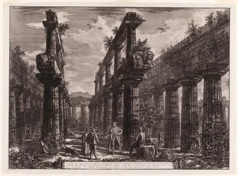 Vista dei resti delle due file di colonne nel Tempio di Nettuno che originariamente formavano i colonnati lungo i lati della cella e sostenevano la parte superiore del tetto, da Diverse vedute di Paestum