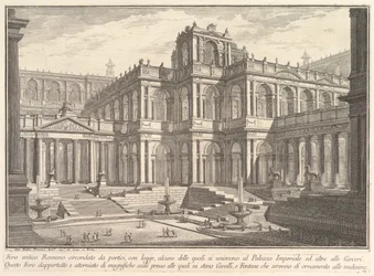 Antico foro romano circondato da portici, con logge, alcune delle quali comunicano con ..., ca. 1750