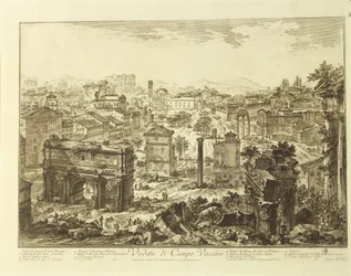 Italia, Roma, vista del Campo Vaccino (Foro Romano) con l
