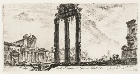 Rovine del Tempio di Giove Statore [Giove il Sostenitore]. 1. Tempio di Antonino e Faustina. 2. Tempio della Pace, tavola 10 da Alcune vedute di archi trionfali e altri monumenti
