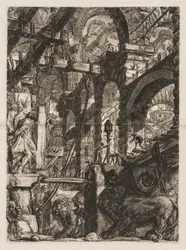 Le prigioni: una prospettiva di archi romani, con due leoni scolpiti in rilievo..., 1745-50