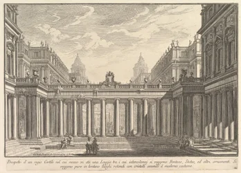 Veduta di un cortile con loggia, fontane, statue e altri ornamenti