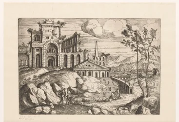 Paesaggio con rovine e architettura fantastica vicino a un corso d