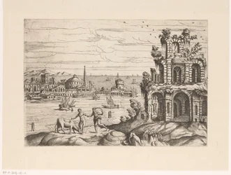 Veduta della città con rovine e architettura fantastica sull