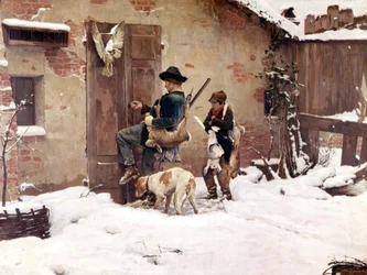 Ritorno dalla caccia. Dipinto di G. Quadrone. 1890 Milano