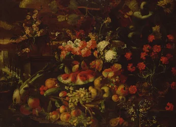 Natura morta con frutta, verdura e fiori