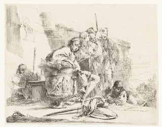 Ragazzo seduto accanto a un vaso con altre persone