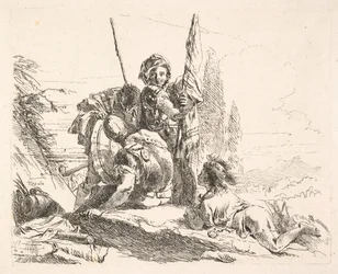Tre soldati e un giovane sdraiato su un paesaggio