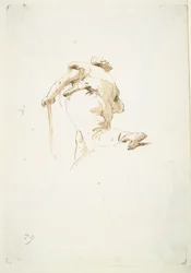 Figura maschile che cammina vista obliquamente dal basso