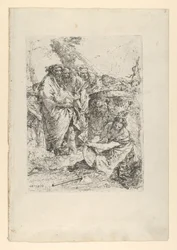 Donna inginocchiata davanti a maghi e altre figure, dagli Scherzi, ca. 1743-50