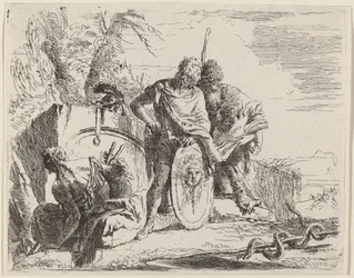 Giovane soldato con filosofo e donna seduta