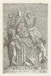 Trofeo di armi, una figura femminile e angeli