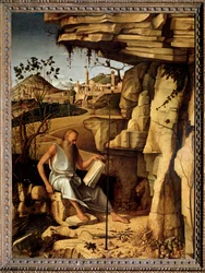 San Girolamo nel deserto. Dipinto di Giovanni Bellini, detto il Giambellino (ca. 1430-1516), 1479. Dimensioni 145 x 114 cm. Palazzo Pitti, Firenze