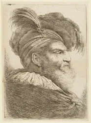 Testa di uomo barbuto con cappello piumato