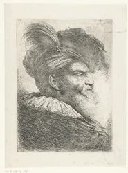 Testa di un uomo con turbante e cappello di pelliccia