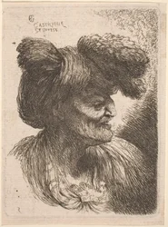 Vecchio uomo con turbante ornato di pelliccia, rivolto a destra