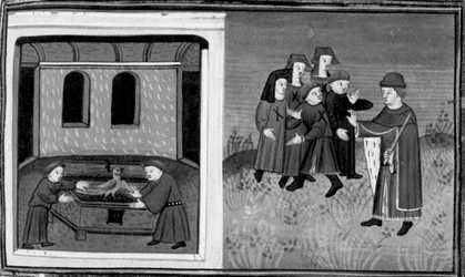 Decameron, Giovanni del Bragoniera e Biagio Pizzini rubano la reliquia a frate Ciboule; il frate segna i vestiti dei paesani con i carboni. Sesto giorno, notizia 10