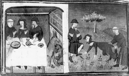 Decameron, Gianni di Barolo è seduto a tavola con Pietro da Tresanti e sua moglie; Gianni tenta di attaccare la coda alla donna. Nona giornata, novella 10