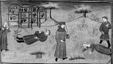 Decameron, Simona piange la morte di Pasquino; Simona cade morta davanti al giudice. Quarta giornata, racconto 7
