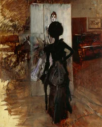 Signora nello studio del pittore di fronte a Pastello Bianco
